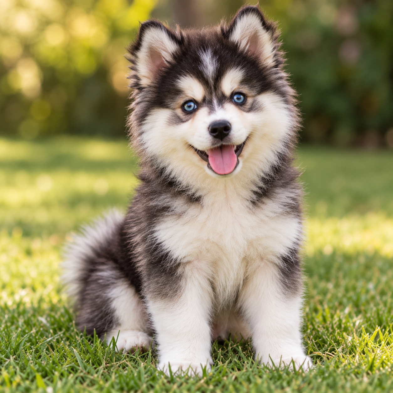 A blue-eyed Husky puppy in a sunlit garden.