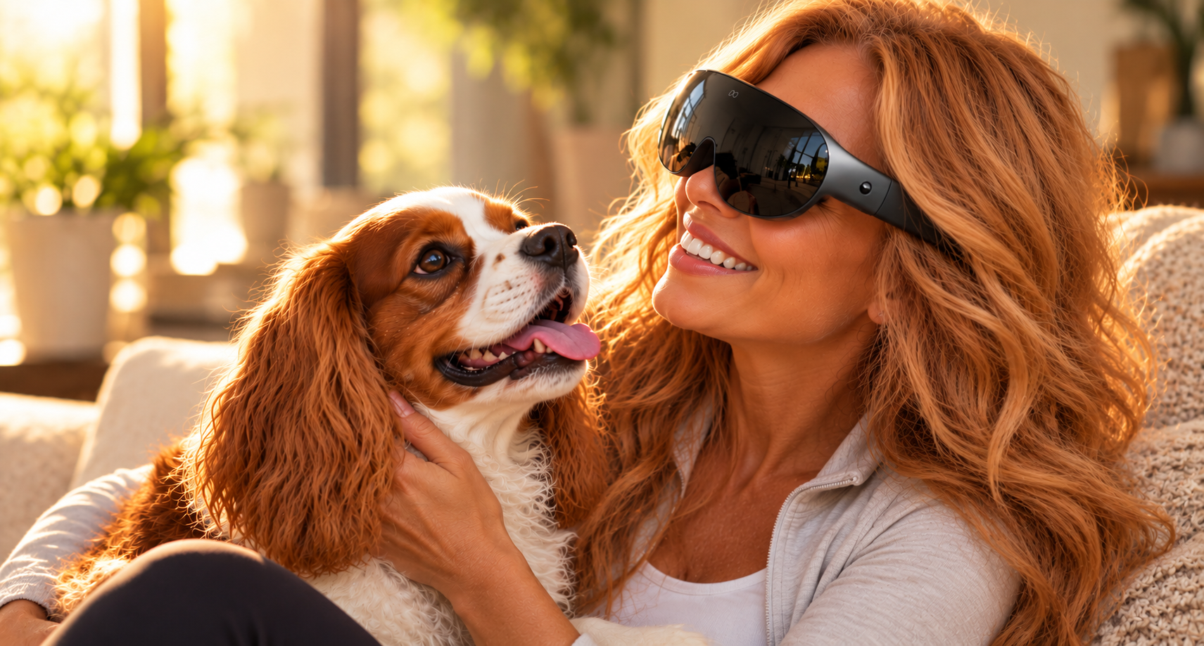 A woman wearing VR goggles sharing a sunlit moment with a Cavalier King Charles Spaniel.