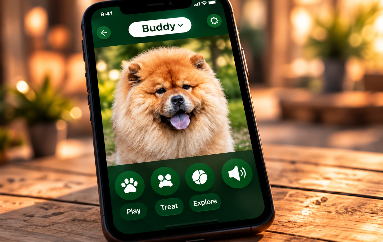 A smartphone showing Buddy, a dog companion app concept, on a warm wooden table.