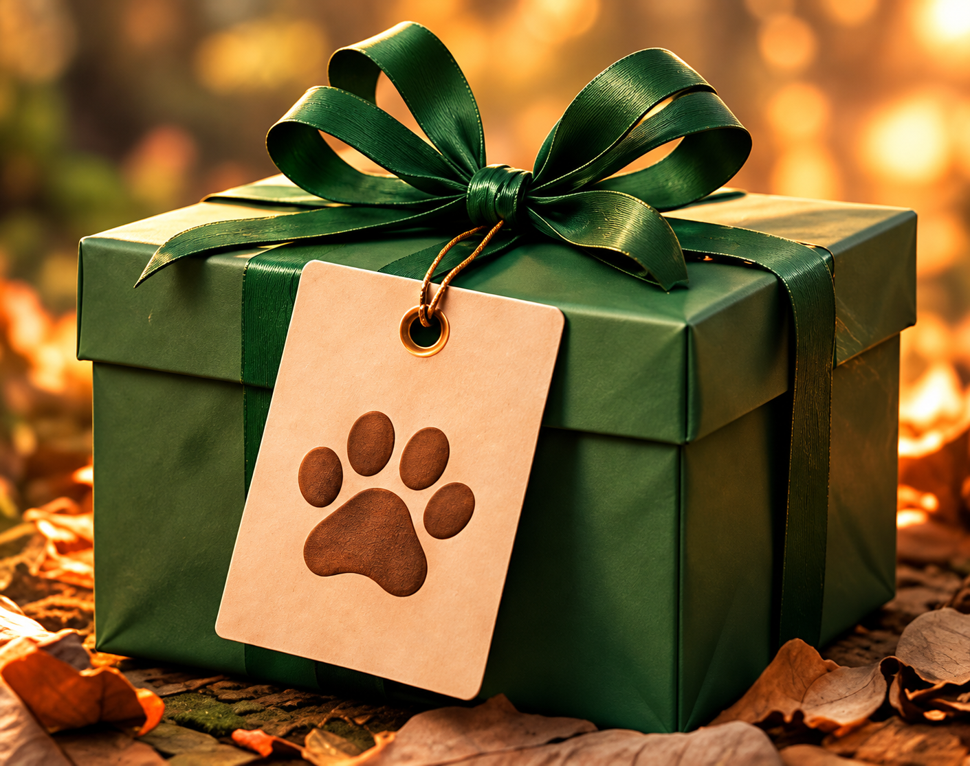 Forest-green Founders Edition gift box with a paw-print tag