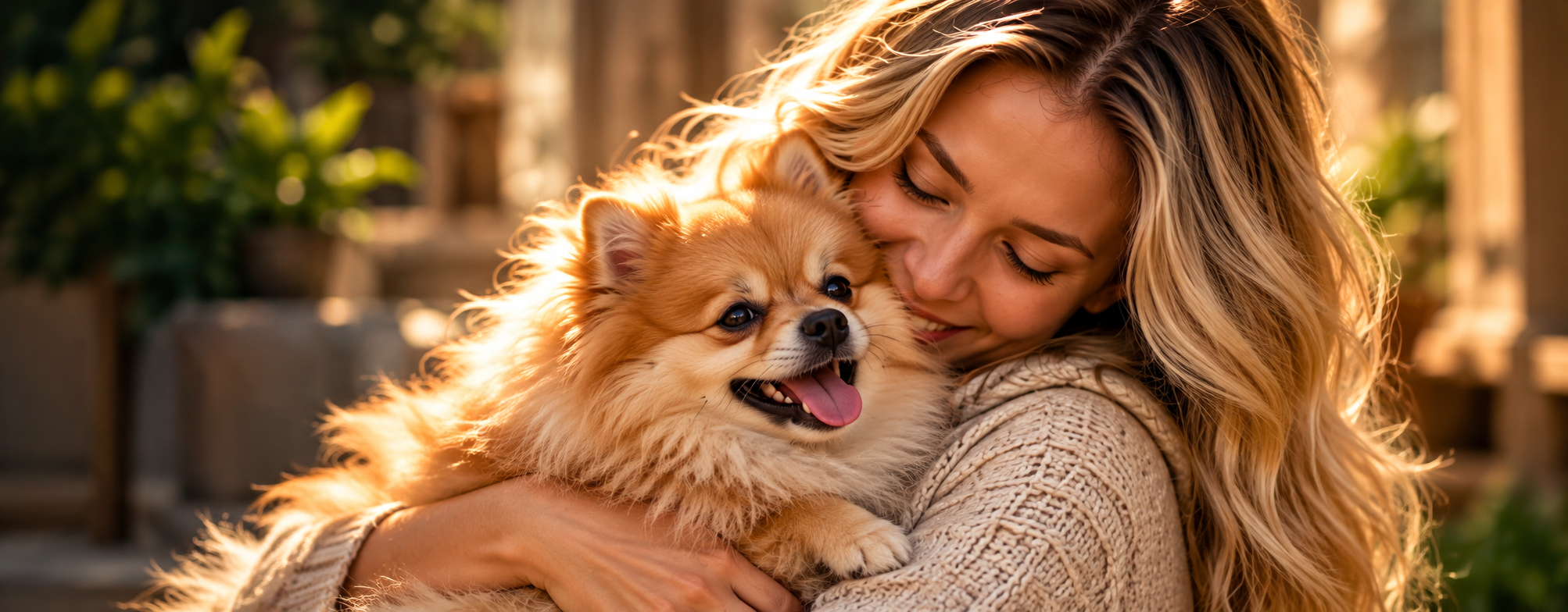 A woman hugging a fluffy Pomeranian in warm golden-hour light.