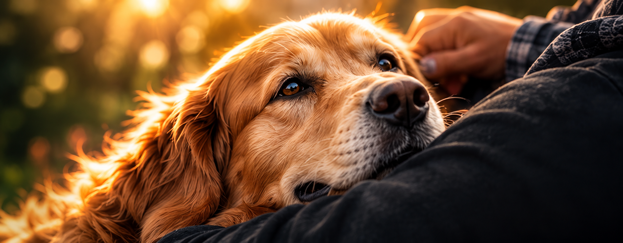 A golden retriever resting contentedly against a person in warm evening light.