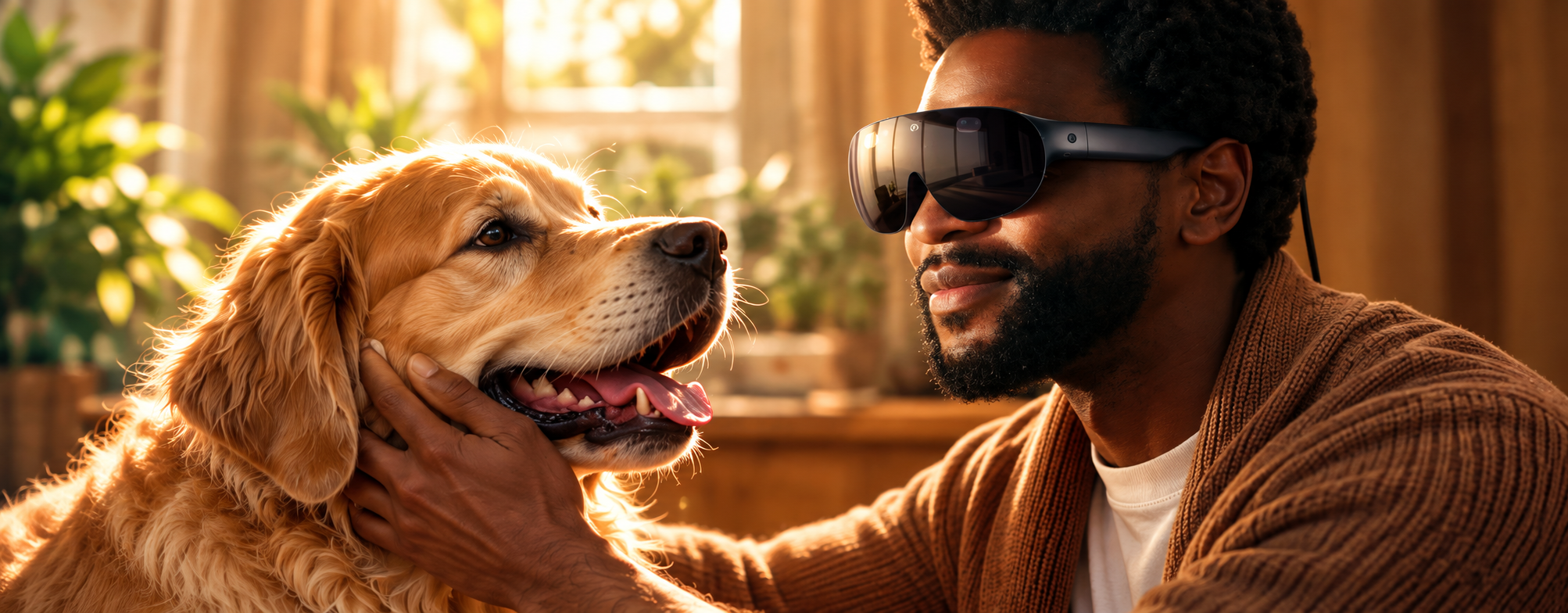 A man wearing a VR headset gently holding a golden retriever in warm sunlight.