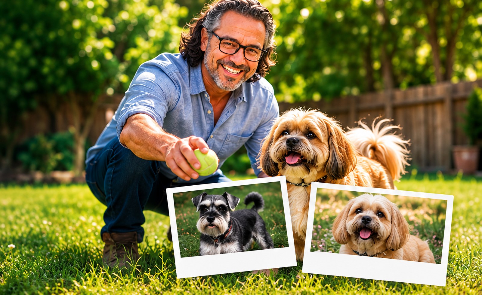 John Marino playing with a dog in a sunny garden, with photographs of Rudy and Max.