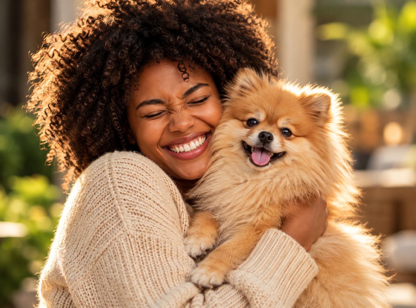 A woman smiling while hugging a fluffy Pomeranian.