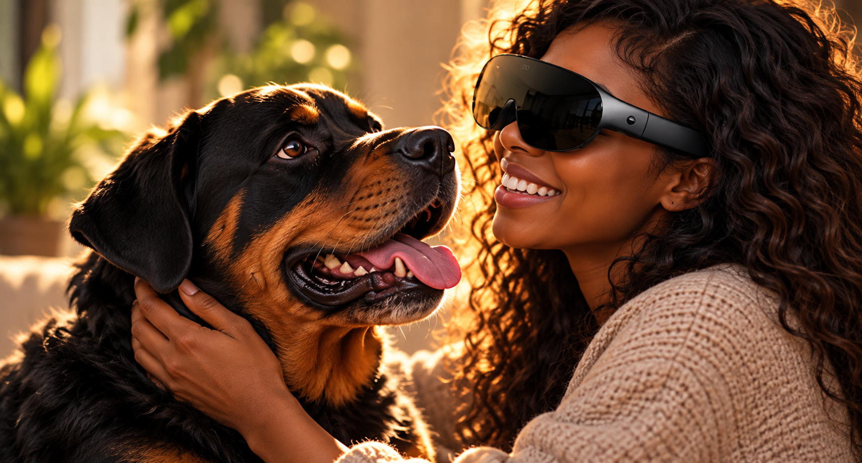 A woman wearing a mixed-reality headset sharing a joyful moment with a dog.