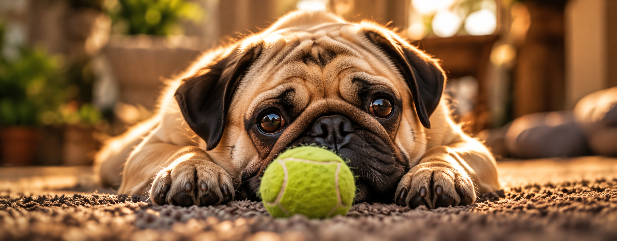 A pug resting with its paws beside a green tennis ball.