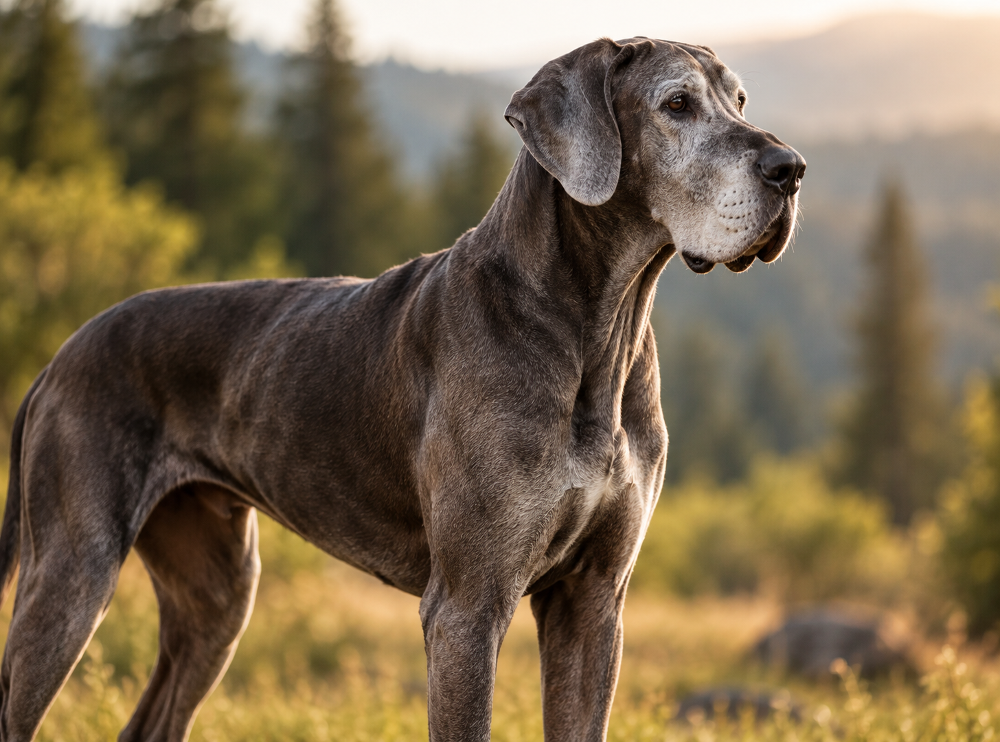 An elderly Great Dane standing outdoors in warm evening light.