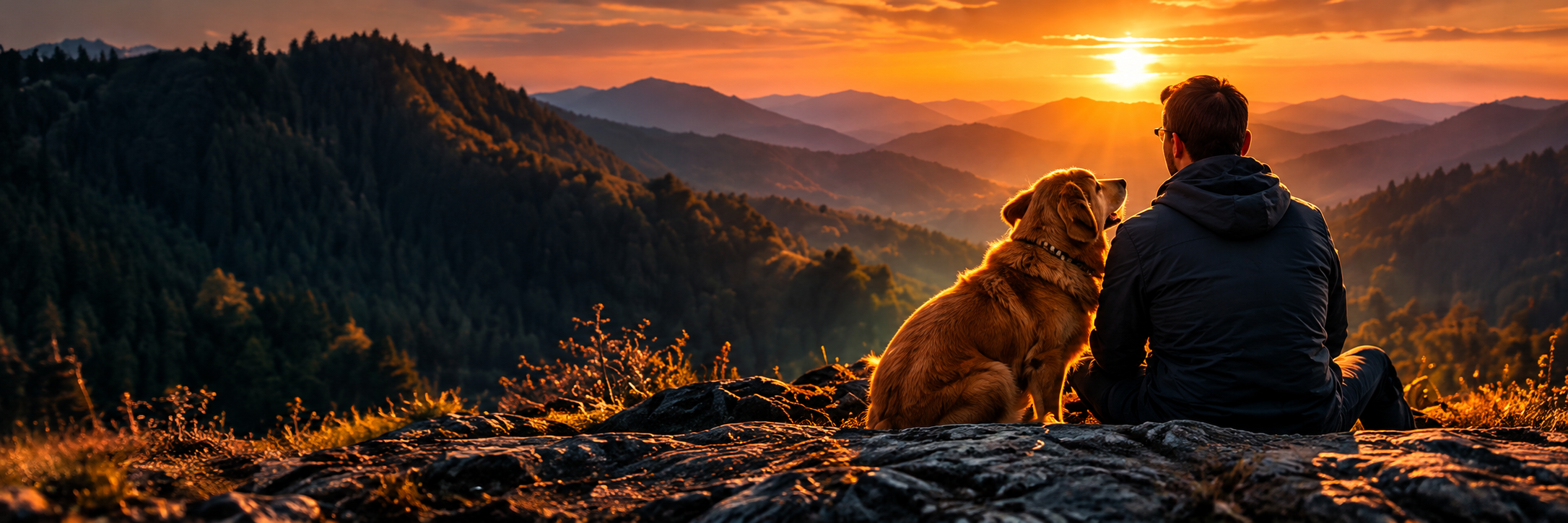 A person and golden retriever sitting together above mountain valleys at sunset.
