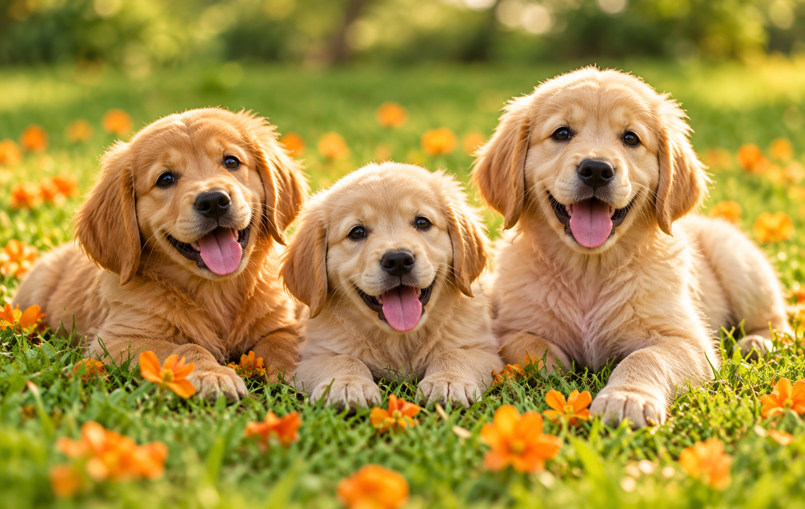 Three golden retriever puppies sitting together in flowering grass.
