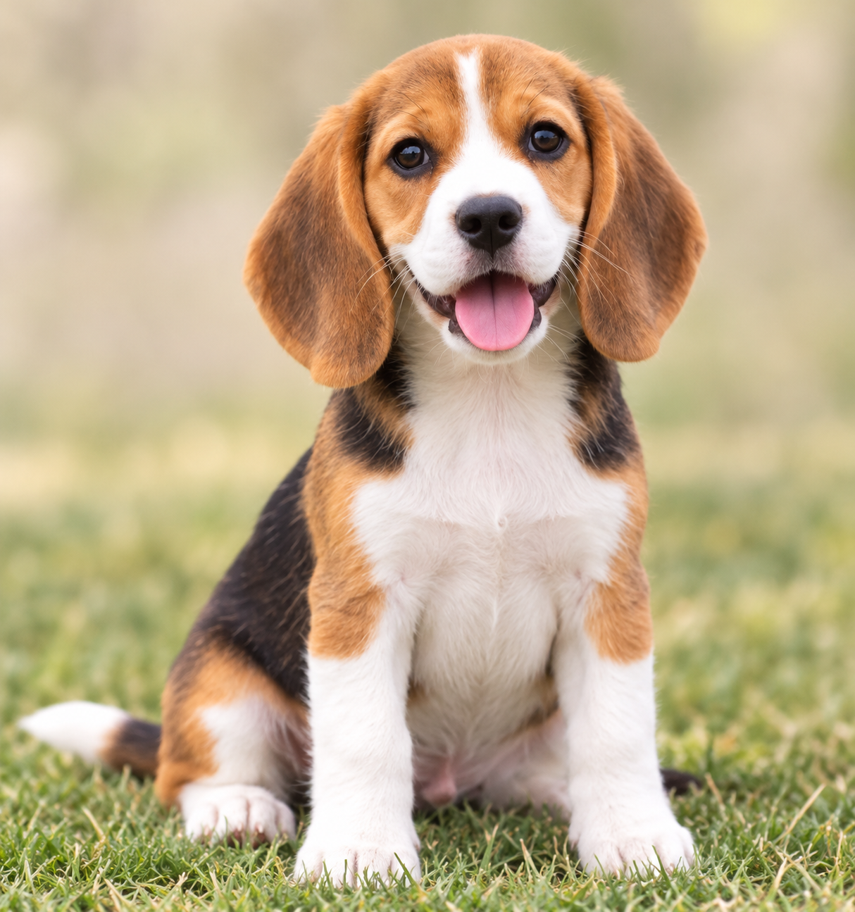 A Beagle puppy sitting in green grass.