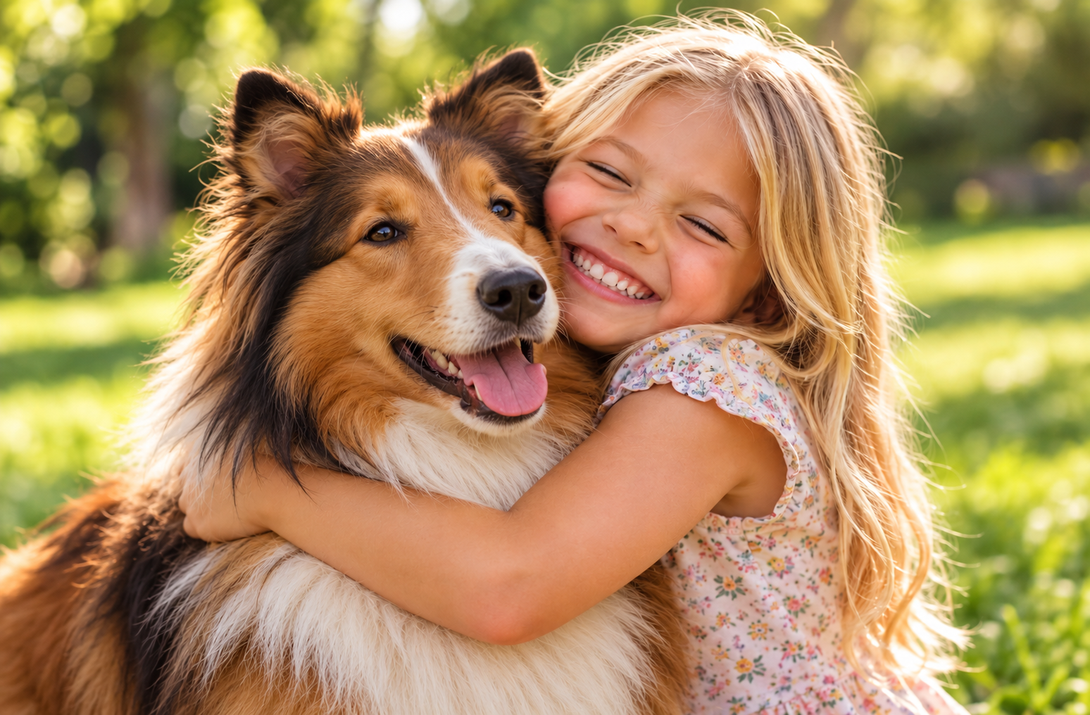 A young girl embracing a tricolor Collie in a sunlit green park.