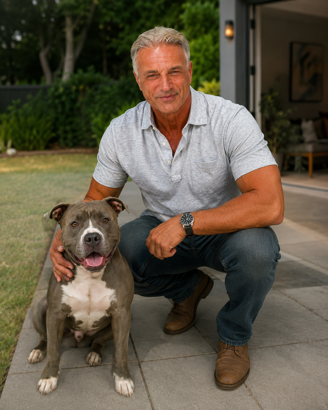 Phil Georgiou kneeling beside his pitbull in a garden.